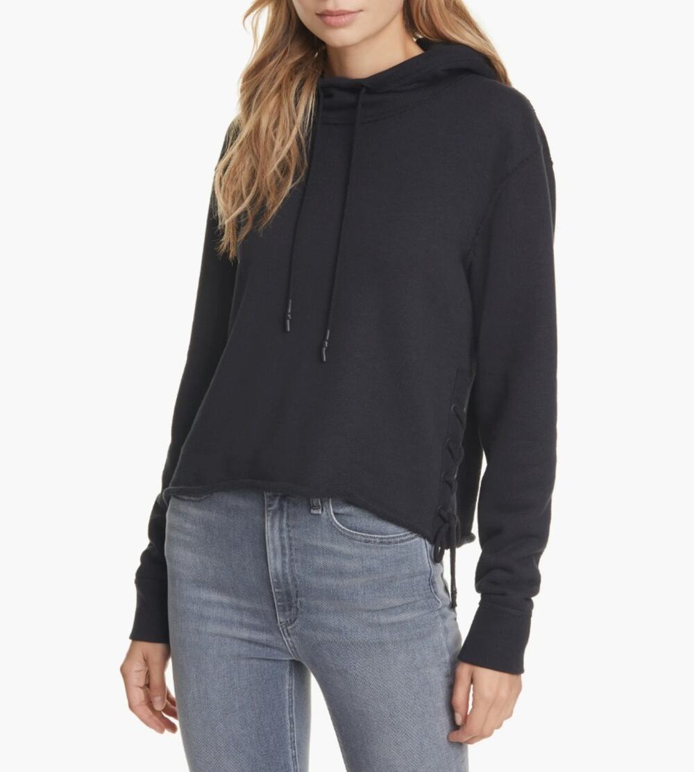 Rag & Bone Women Black Knit French Terry Amelia Lace-Up Hooded Sweatshirt Size S